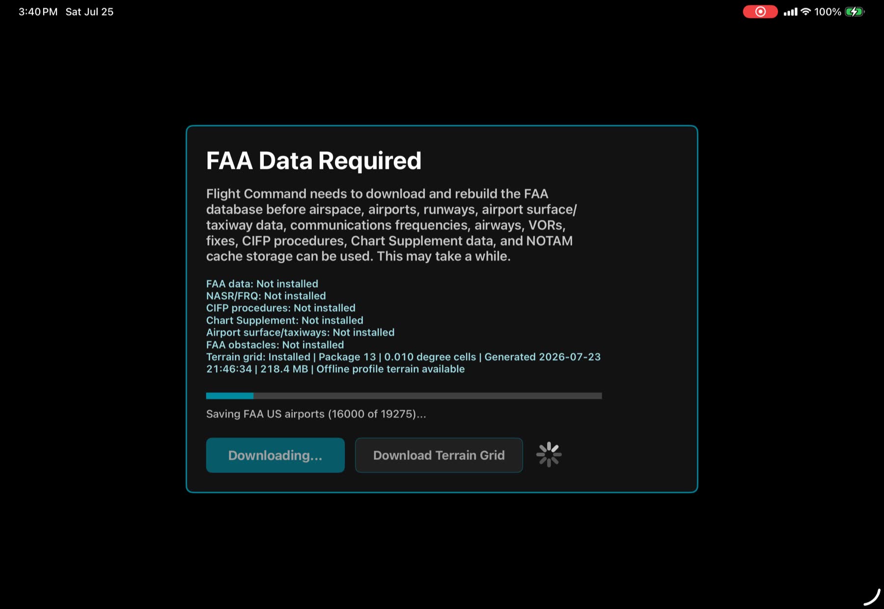 Flight Command FAA data download view