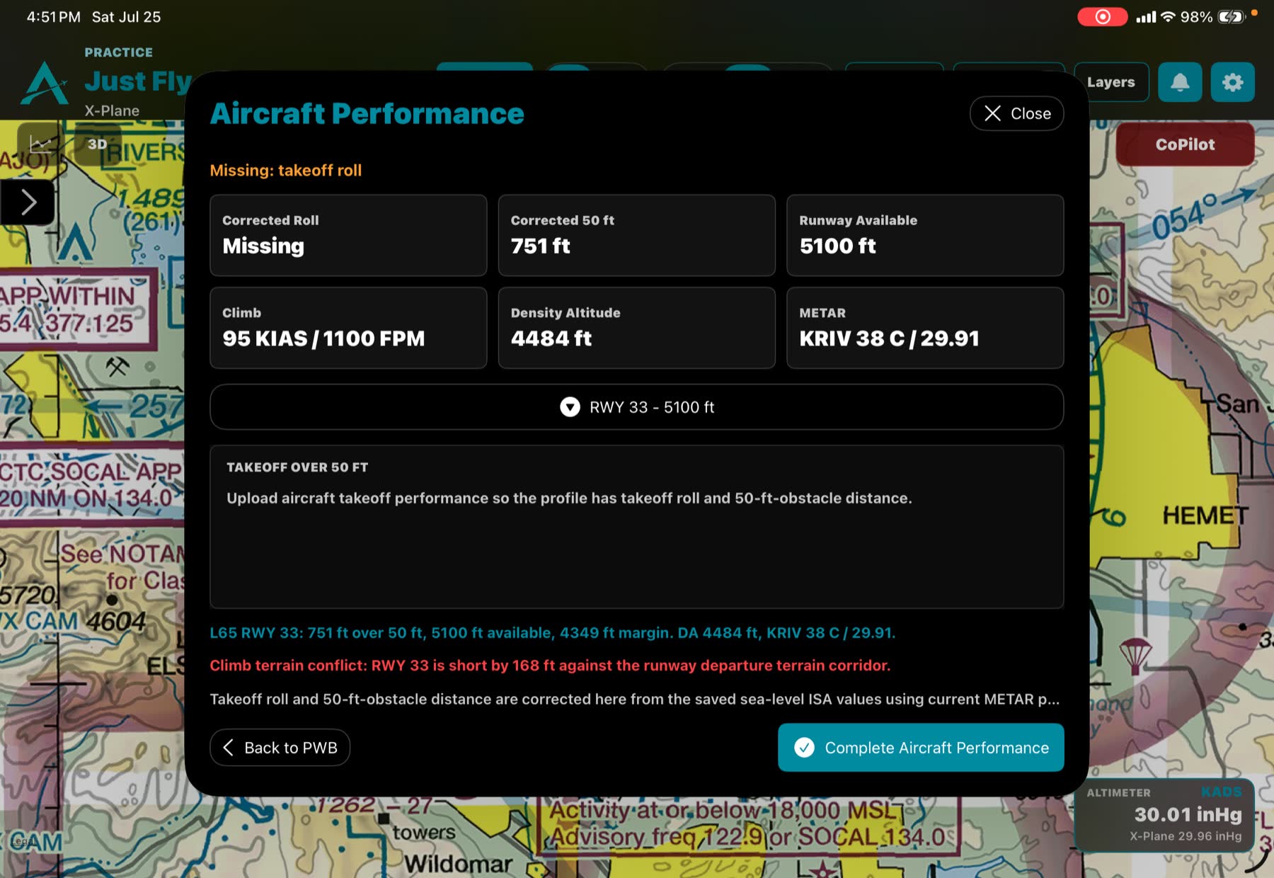 Aircraft performance view over a VFR sectional chart